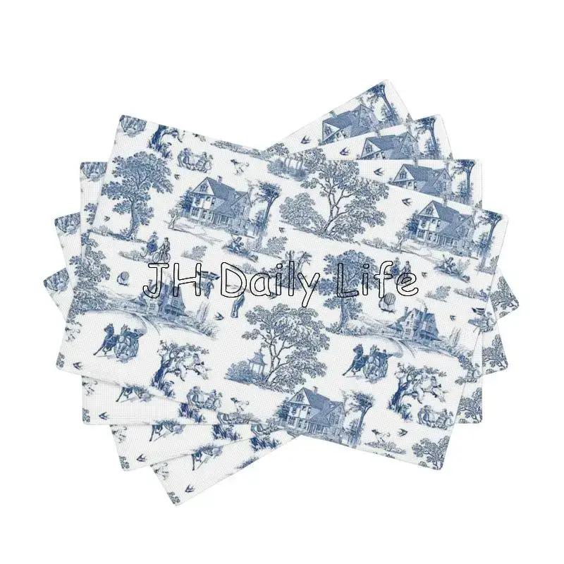 Французские салфетки под тарелки Toile De Jouy, набор из 4 штук, водонепроницаемые, термостойкие, льняные, для домашней вечеринки, декора обеденного стола, 12x18 дюймов