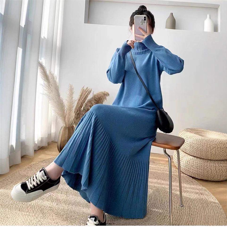 Semi-turtleneck Bottoming Knitted Sweater Skirt Women's Autumn and Winter New Over-knee Long Loose Large Size with Coat Dress Tide