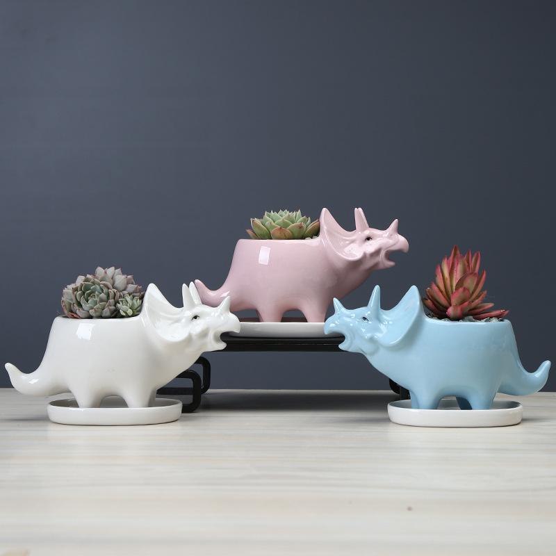Creative Triangle Dinosaur Succulent Flower Pot Indoor Desktop White Ceramic Flower Pot With Tray