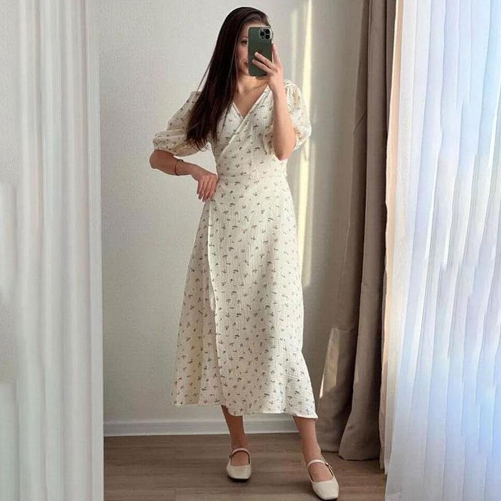 Женское летнее платье с короткими рукавами и высокой талией в этническом стиле на шнуровке