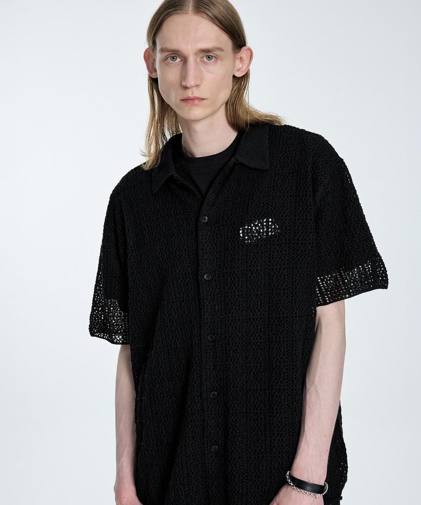 IL CORSO Jacquard Crochet Knit Half Shirt Black