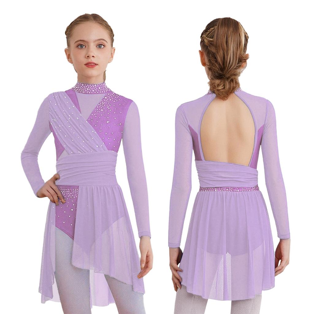 Платье для лирического танца для девочек, с воротником-стойкой, длинным рукавом, вырезом на спине, боковым разрезом, из прозрачной сетки, с драпировкой, леотард