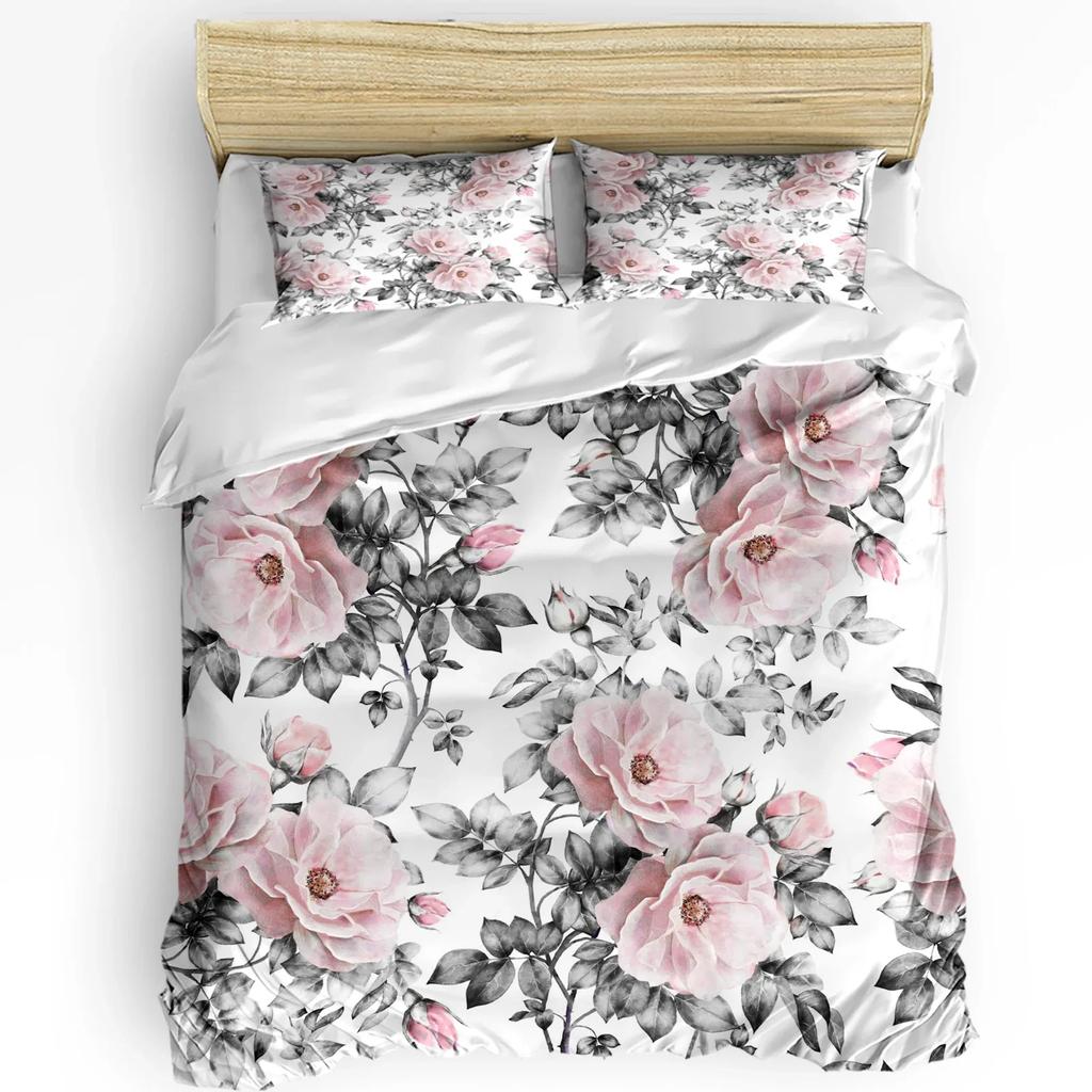 Red Rose Flower Black Duvet Cover Bed Bedding Set For Double Home Textile Quilt Cover Pillowcases Bedroom Bedding Set (No Sheet)