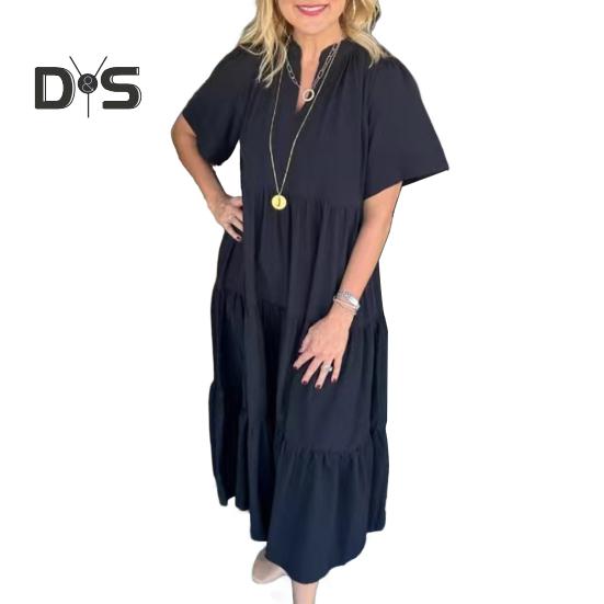 Женское платье миди с V-образным вырезом, летнее повседневное платье макси с коротким рукавом, струящееся многоярусное пляжное платье в стиле бохо для отпуска