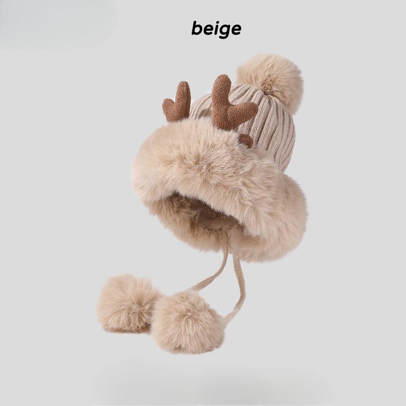 Милая плюшевая вязаная шапка из рогов оленя на осень-зиму из трех шерстяных клубков пряжи, простая модная теплая шапка для женщин