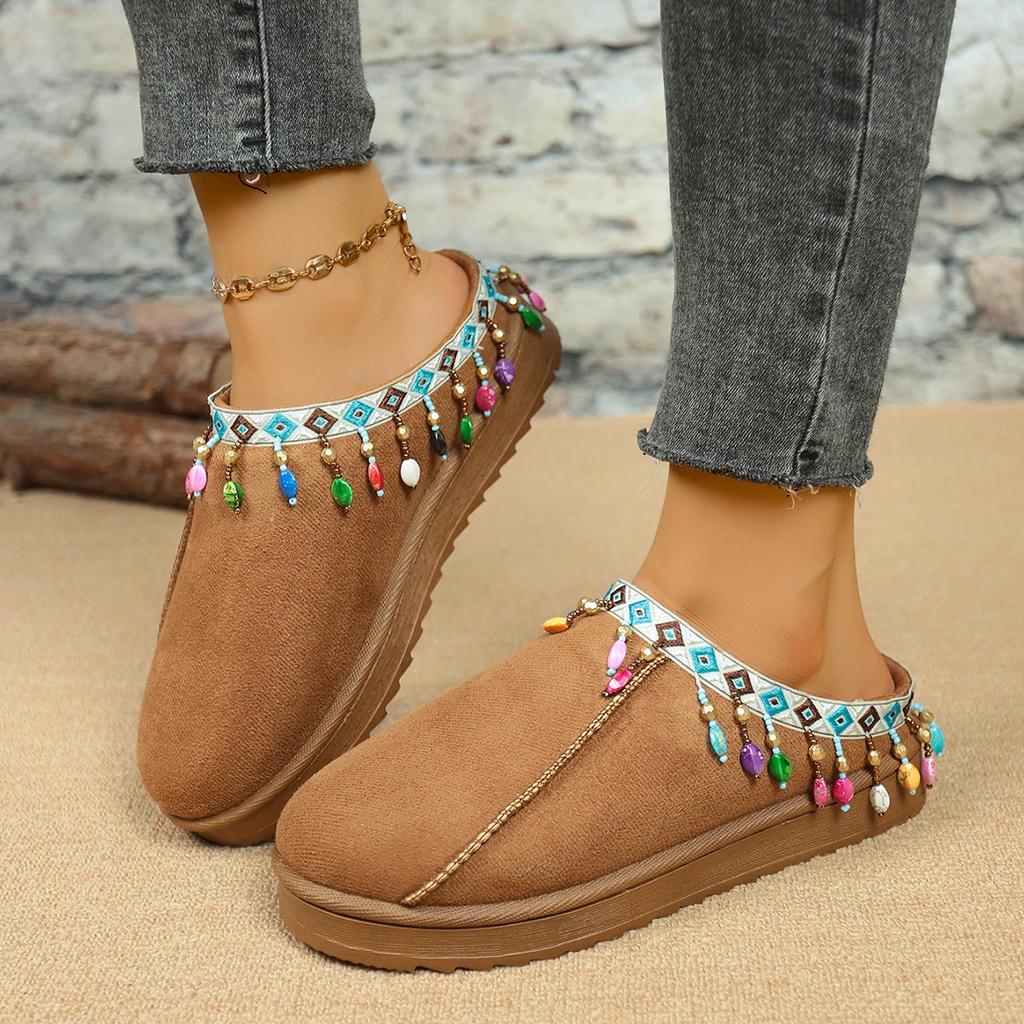 Fashion Bohemia Fringed Decoration Cotton Slippers Women 2025 Winter Comfort Thick Bottom Non Slippers Warm Short Plush Slides Size36-44