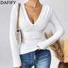 Women's Fashion Casual Spring Autumn Solid Color Print Long Sleeve V-Neck Blouses & Shirts