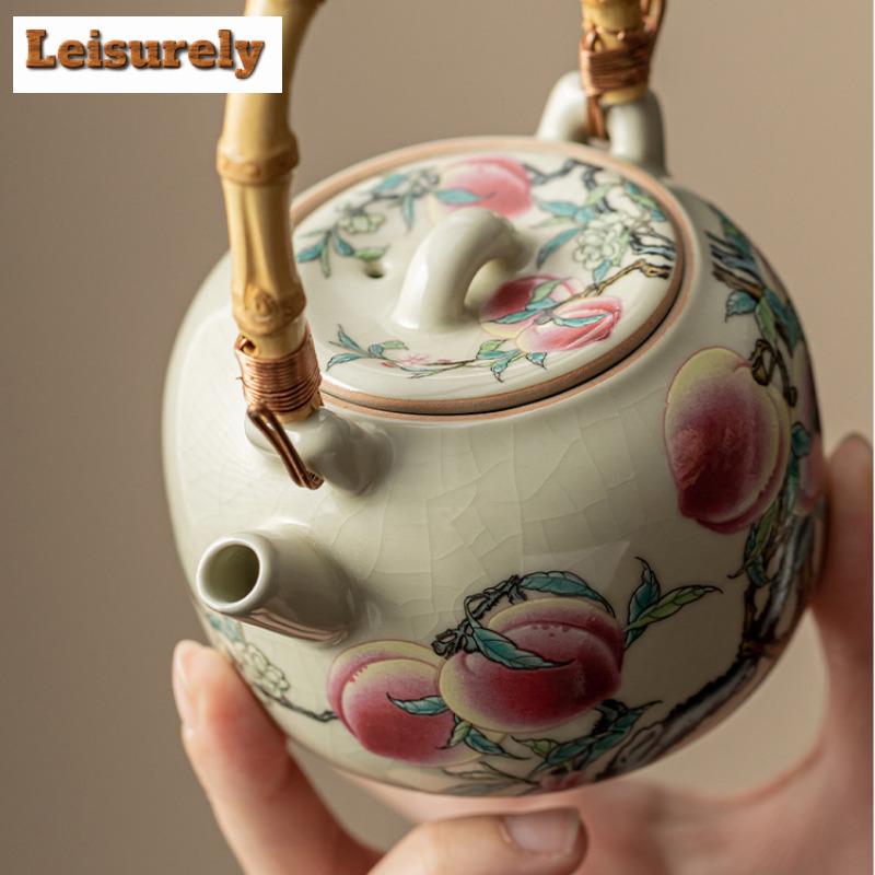 210ml Antique Ru Kiln Teapot Elegant Nine Peach Bamboo Handle Beam Pot Tea Soaking Kettle Chinese Tea Set Supplies Decoration