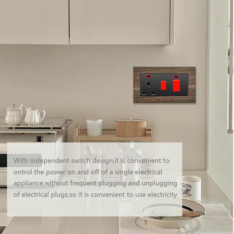 146 UK Standard 45A High Power Kitchen Electric Switch Socket 13A Wall Power Supply Cooker Glass Plastic Aluminum outlet Black