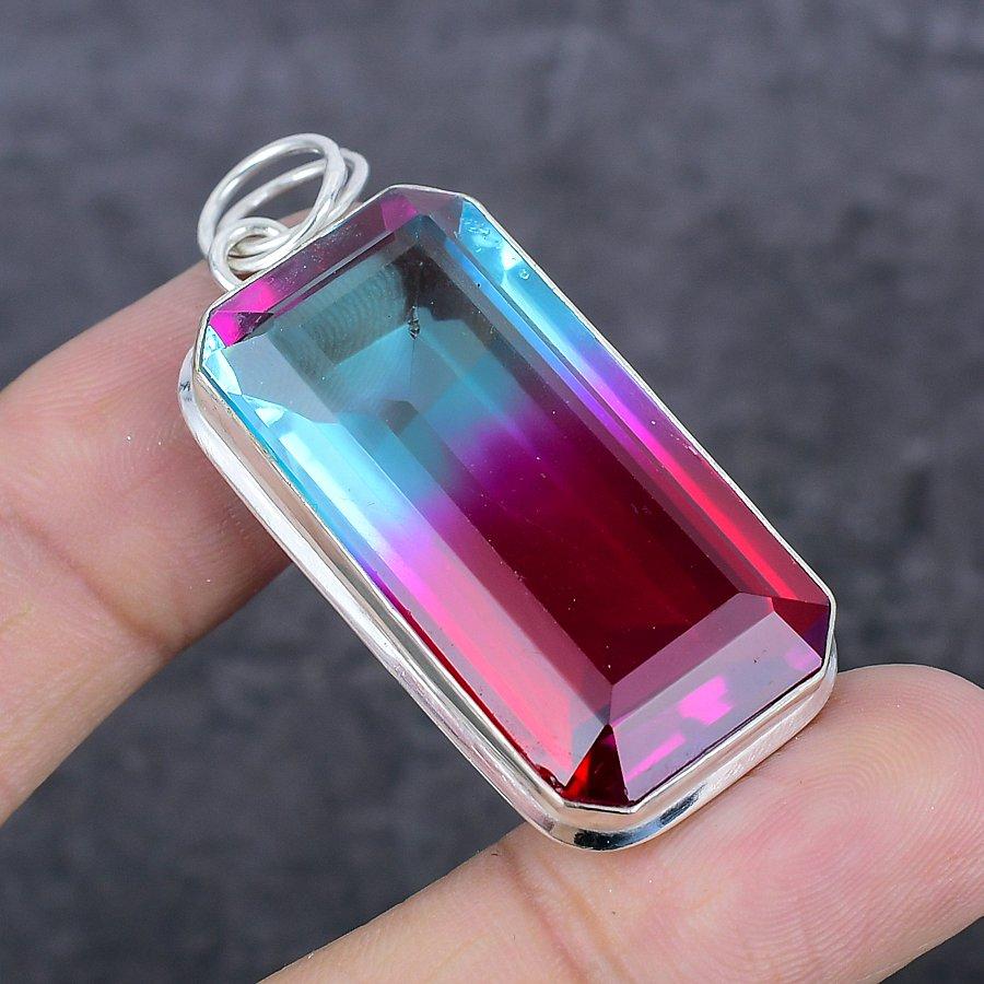 Bi-Color Tourmaline Gemstone 925 Sterling Silver Jewelry Pendant 2.17" G4r36