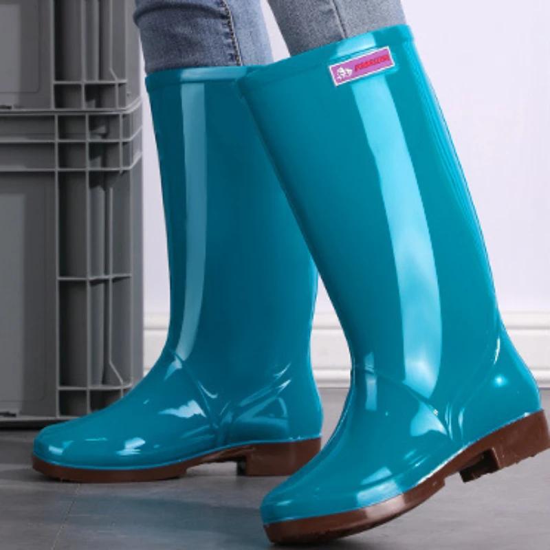 2024 Women's Rain Shoes Casual PVC with Velvet Waterproof Non-slip Knee-high Boots New Fashion Tide for Reasons Botas De Mujer