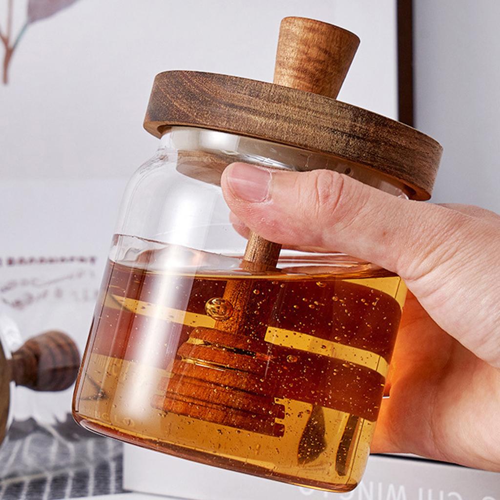 Glass Storage Bottles with Dipper Lid Honey Jars Wide Mouth Honey Containers Syrup Dispenser for Storing Honey and Syrup