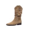 Sheepskin Version~ Retro Western Cowboy Boots Pointed Thick Heel Short Boots Thin Mouth Pleated Pile Boots Women's Medium Boots