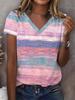Summer V-neck 3D Multi-color Stripes Printed Top Fashionable Casual Short Sleeved Women's T-shirts