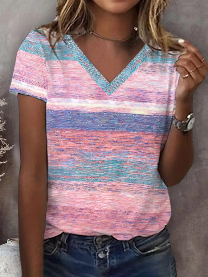 Summer V-neck 3D Multi-color Stripes Printed Top Fashionable Casual Short Sleeved Women's T-shirts