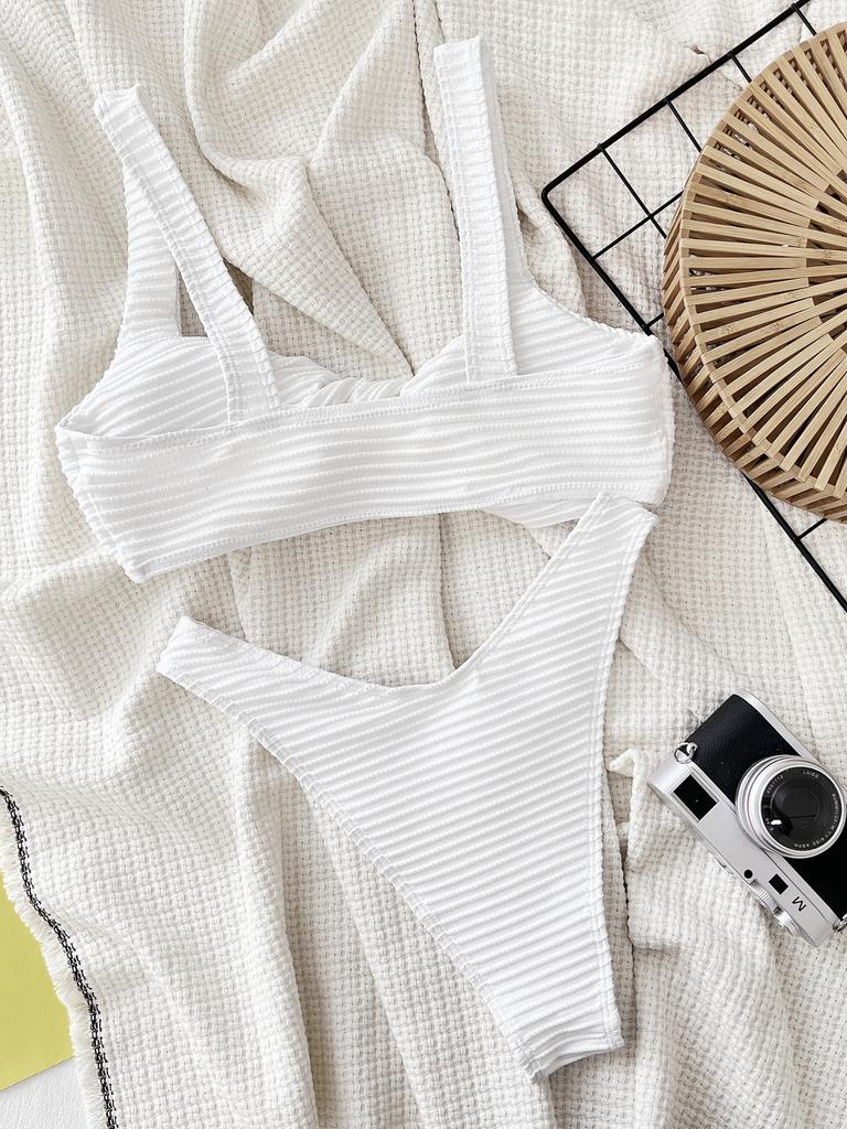 Women's Swimsuit Solid Color Pit Stripe Sexy Backless High Waist Bikini Suit Beachwear Bathing Suits