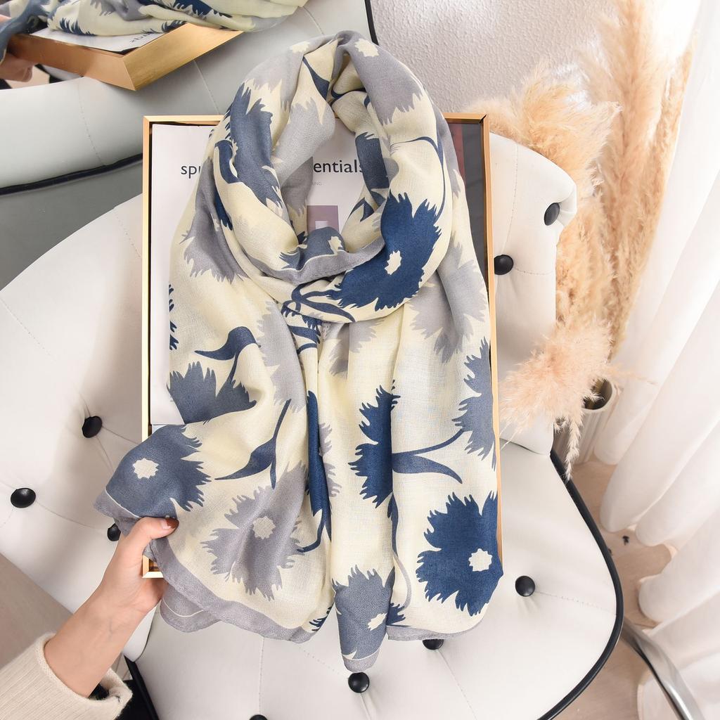 Шарф из искусственного хлопка и льна для женщин, модный весенне-летний, тонкий, пасторальный, с цветочным принтом, шелковый шарф, высококачественная шаль для темперамента