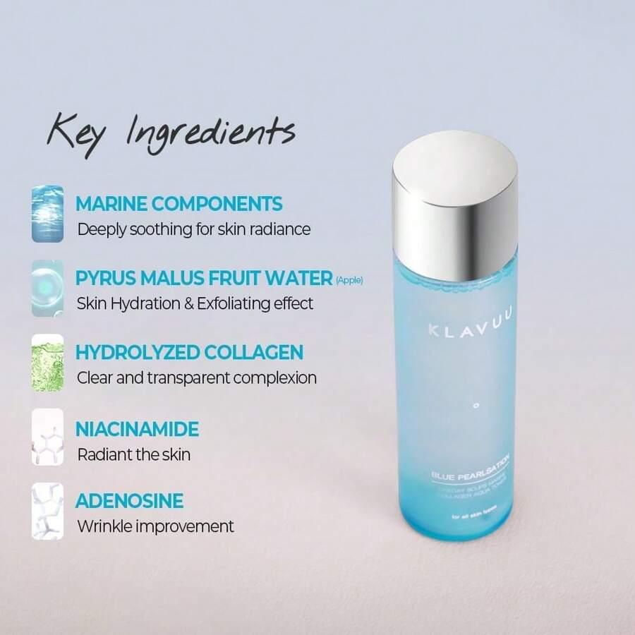 KLAVUU Blue PEARLSATION ONE Day 8 Cups Морской коллаген Аква-тонер 140 мл - Глубоко увлажняющий и успокаивающий для сияния кожи