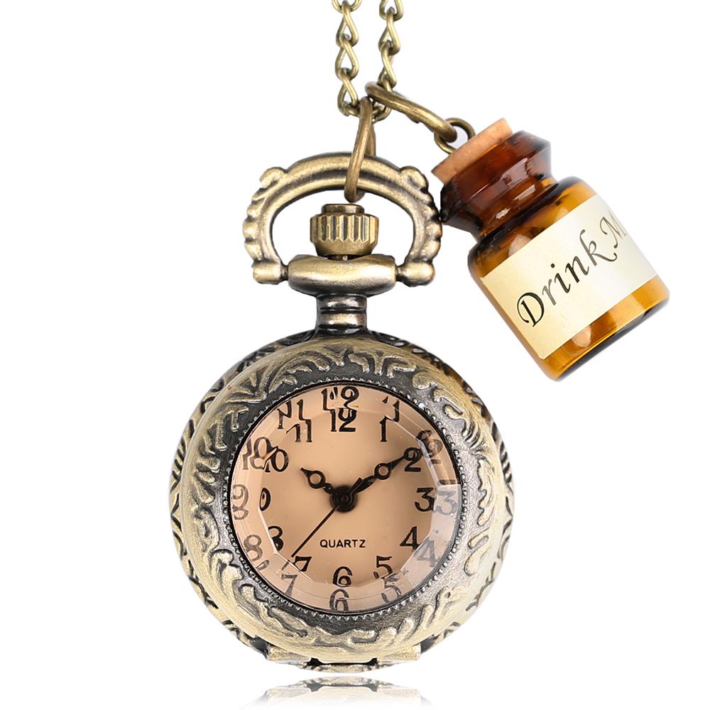 Retro Vintage Bronze Pendant Pocket Watch Little Cute Drink Me Tag Necklace Chain Top Fashion Gifts for Girls Women