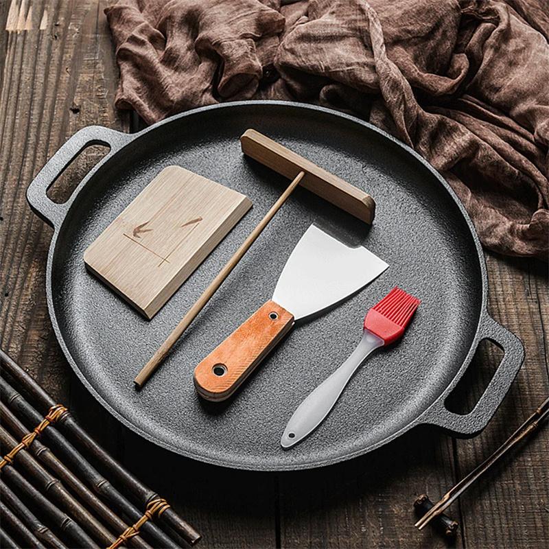 28 см Чугунная Круглая Сковорода-Гриль для Блинов и Пиццы с Двумя Ручками Сковорода для Блинов и Пиццы Кухонная Посуда для Приготовления на Открытом Воздухе Барбекю Гриль Сковорода