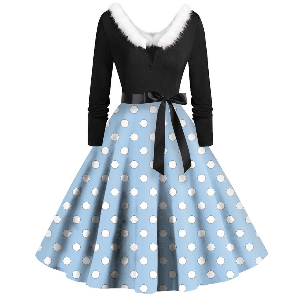 Women's Casual And Fashionable Long Sleeved V-neck Polka Dot Print Matching Zipper Dress