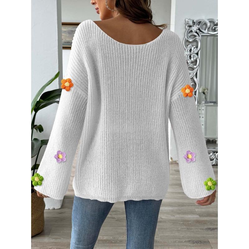 Женский свитер с цветочным узором, связанный вручную крючком, с простым свободным однотонным вырезом и расклешенными рукавами, открытыми плечами