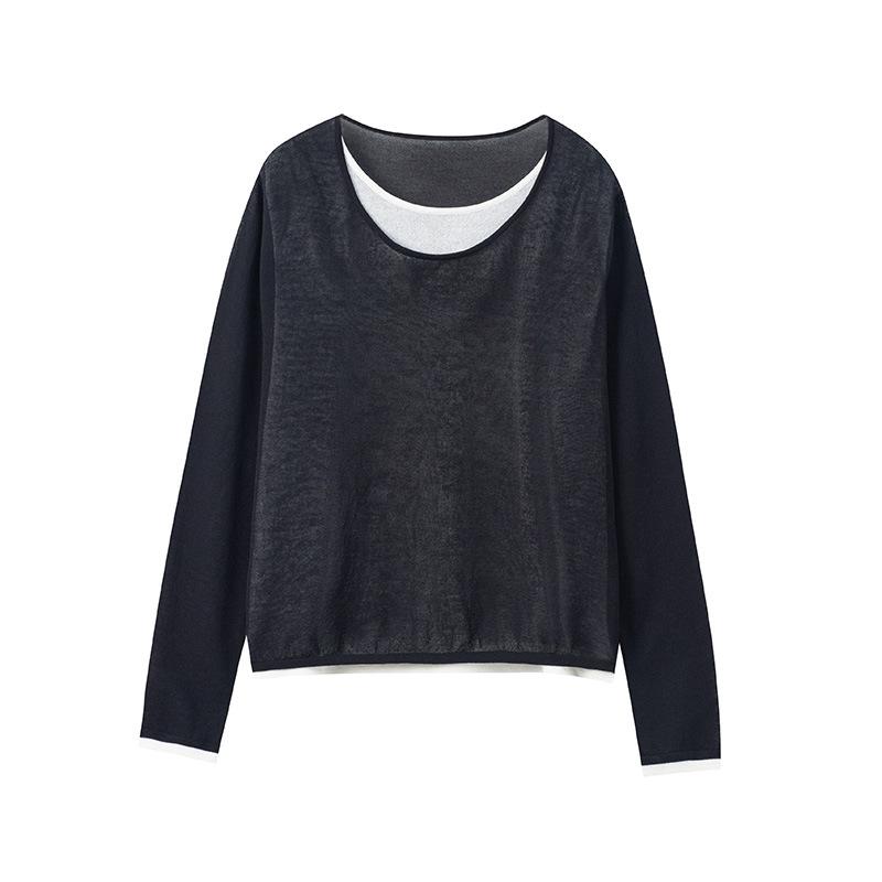 Контрастный цвет, имитация двойки, пуловер с круглым вырезом, вязаный свитер, женский летний тонкий с длинным рукавом, внутренний повседневный и тонкий базовый топ
