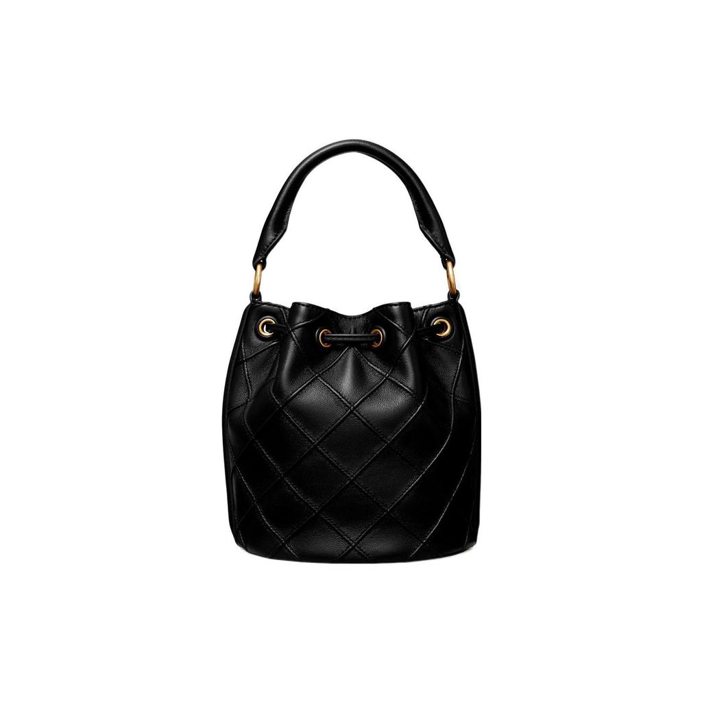 Tory Burch Fleming Logo Brass Accents Pleated Quilted Leather Bucket Bag Women handbags Black 142565-001