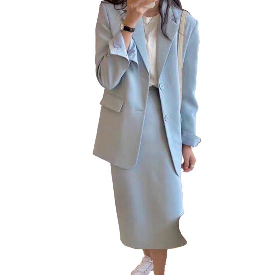 2Pcs/Set Women Suit Set Lapel Long Sleeve Flap Pockets Suit Coat High Waist Midi Skirt Set Solid Color Office Lady Suit Workwear