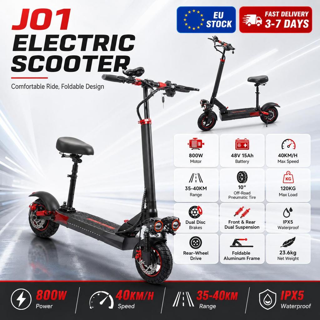 FREEBOY J01 E-scooter 800W48V15AH battery 10-inch tire long-life with seat foldable outdoor riding E-Scooter