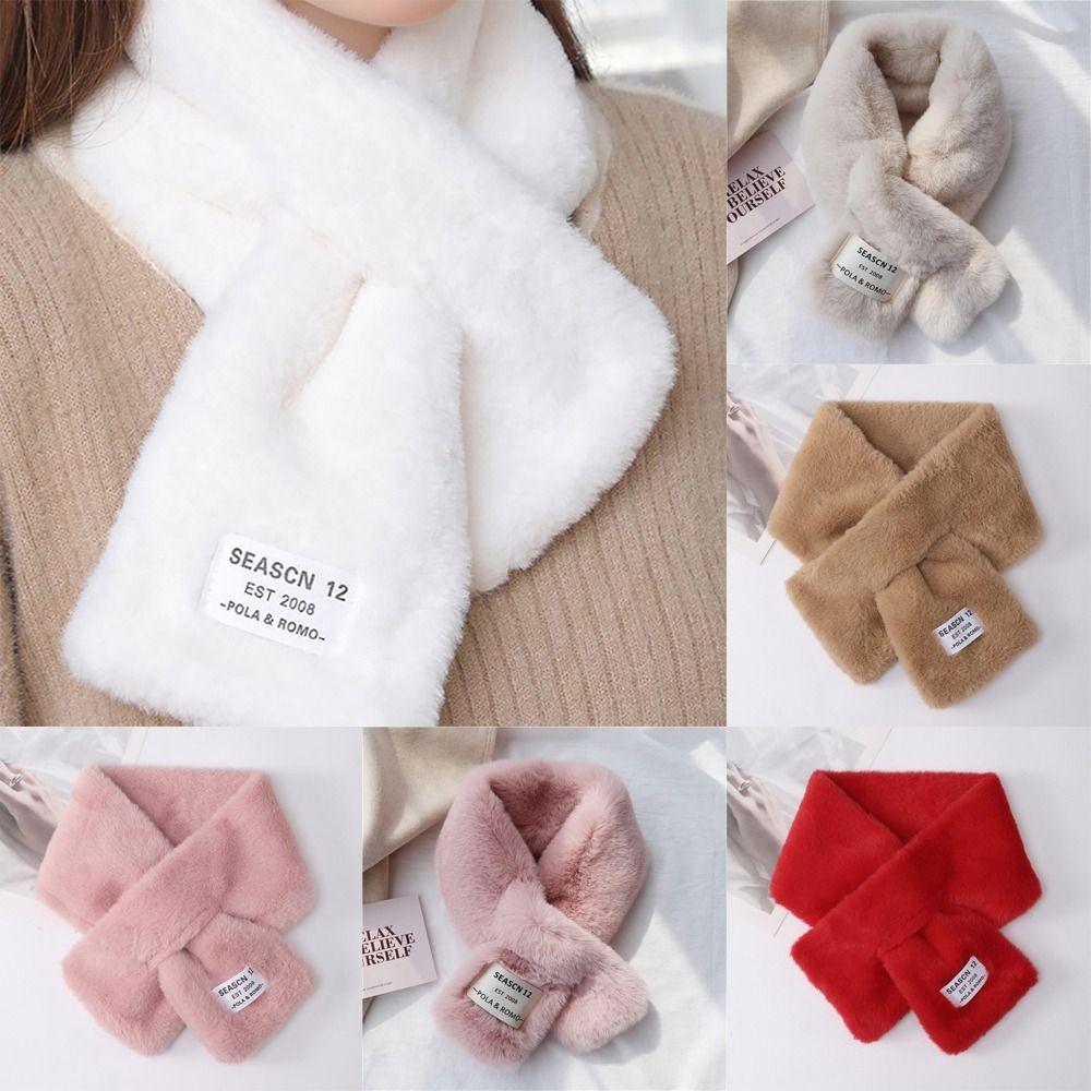 Faux Rabbit Fur Plush Neck Scarf Solid Color Neckerchief Wrap Cute Cross Scarf Women