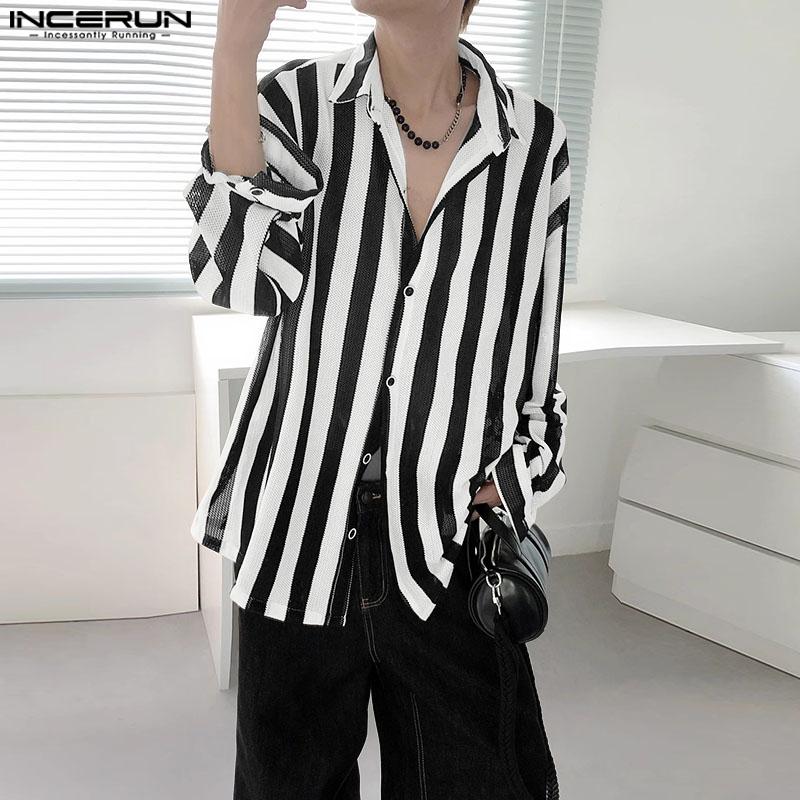 INCERUN Men Long Sleeve Lapel Neck Hollow Out Striped Print Casual Oversized Shirts Tops