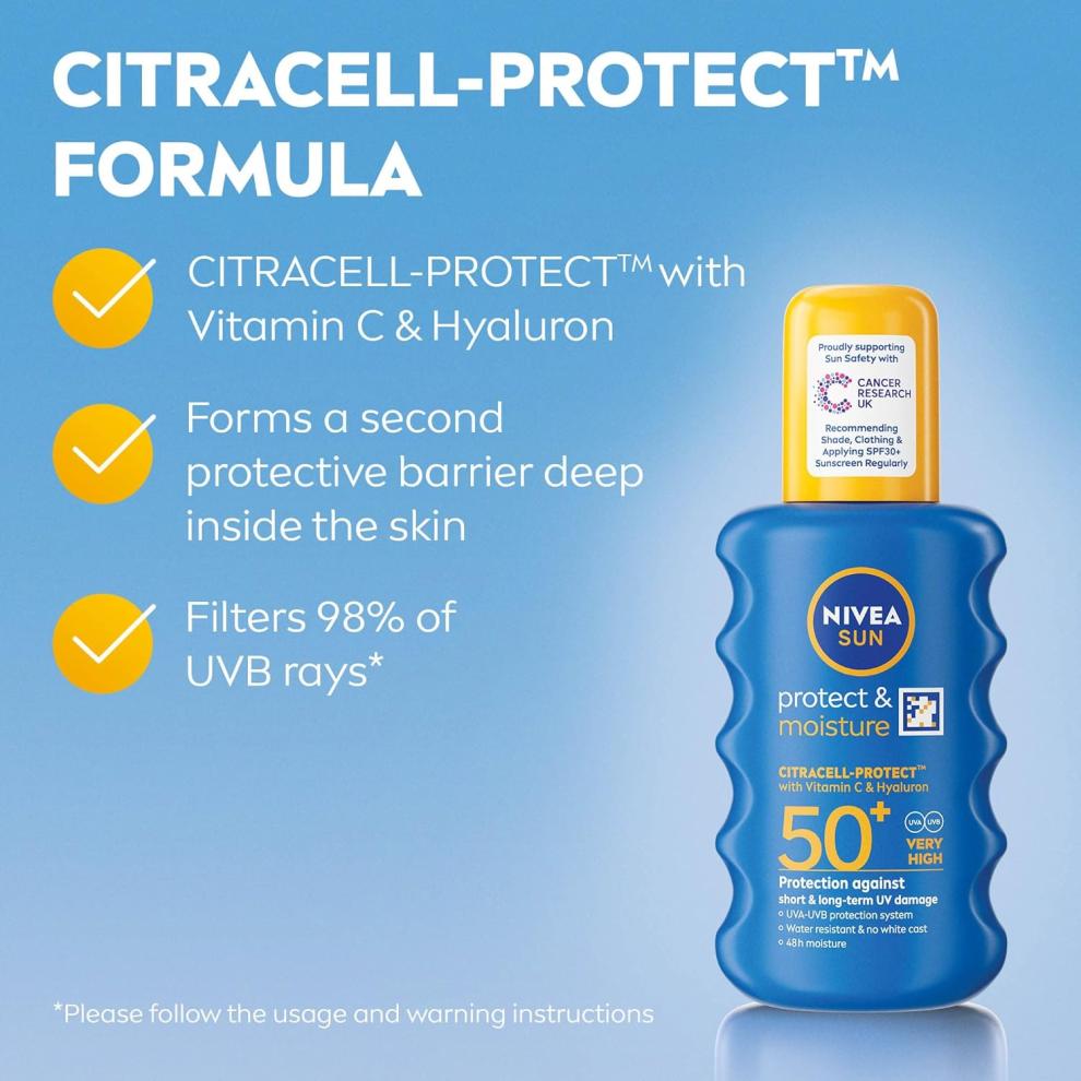 NIVEA SUN Protect & Moisture Sun Spray SPF 50+ (200ml), Moisturising Suncream Spray with Vitamin C and Hyaluron, Immediate UVA/UVB Protection, Fast