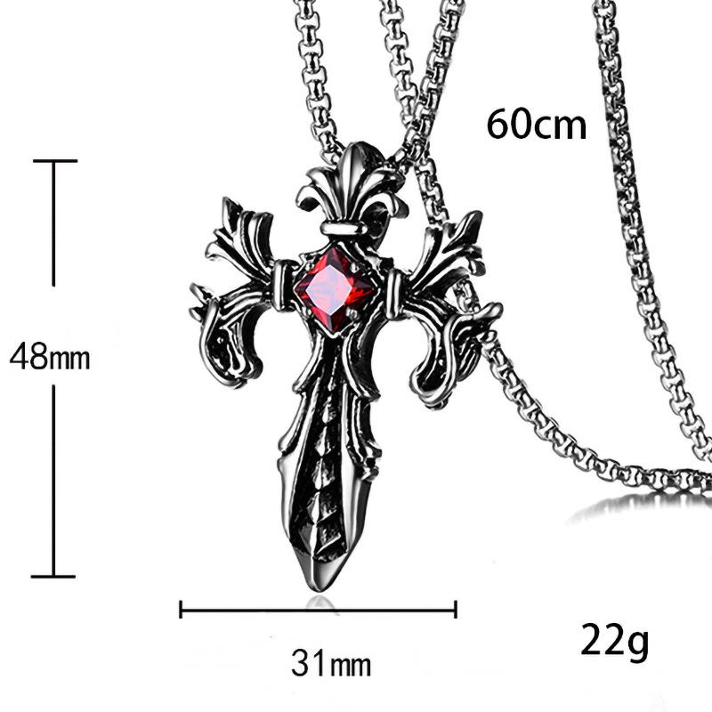 Gothic Style Design Red Stone Cross Pendant Necklace for Men Women Goth Jewelry Accessory Gifts