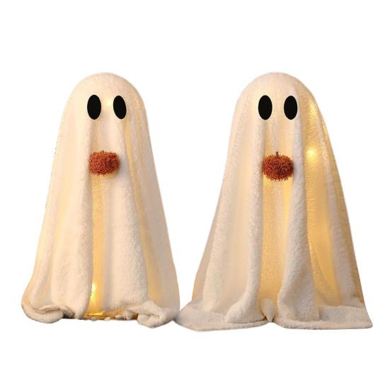 Light-Up Sherpa Ghosts with Pumpkin Cute Ghost Tabletop Decoration
