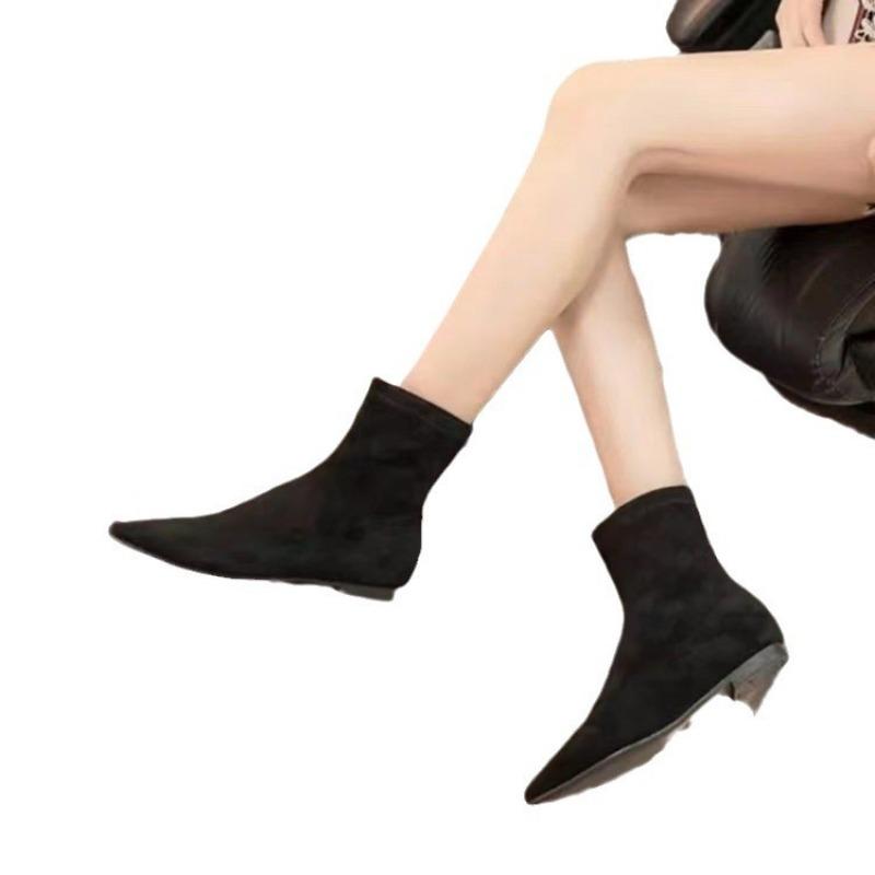 Осень и зима новая простая матовая замшевая обувь-носки на плоской подошве, ботильоны на низком каблуке, тонкие ботильоны, темпераментные остроносые короткие ботильоны