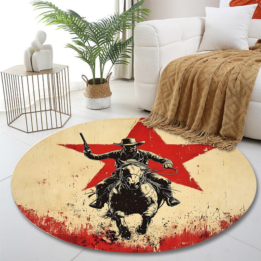 Cowboy Riding Horse with Red Star Print round rug, living room, bedroom, playroom carpet, non slip floor mat, gift