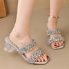 Summer New Rhinestone Crystal Heel Square Head Word Belt Wear High Heel Cool Slippers Anklet