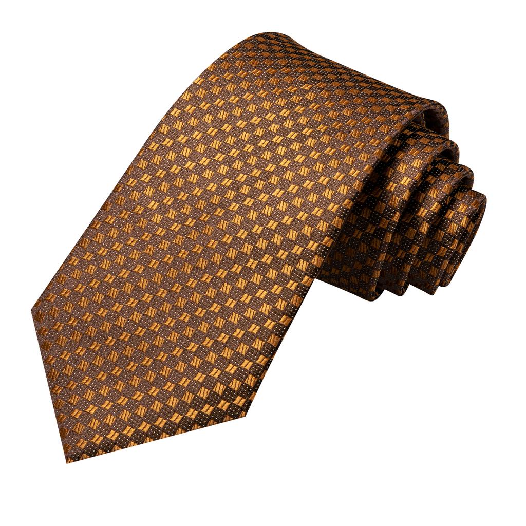 Hi-Tie Dark Gold Plaid Jacquard Mens Silk Tie Classic Necktie Cufflink Hanky Set