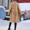 Women's Mid Length Wool Coat Double Breasted Trench Coat Long Sleeve Notched Lapel Overcoat with Belt Fall Winter Outerwear