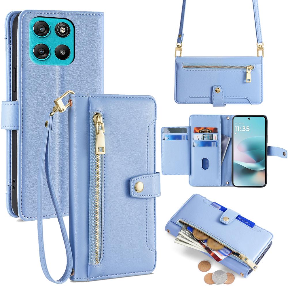 For Motorola Moto G67 Power 5G Leather Case Zipper Pocket Wallet Phone Cover with 2 Straps