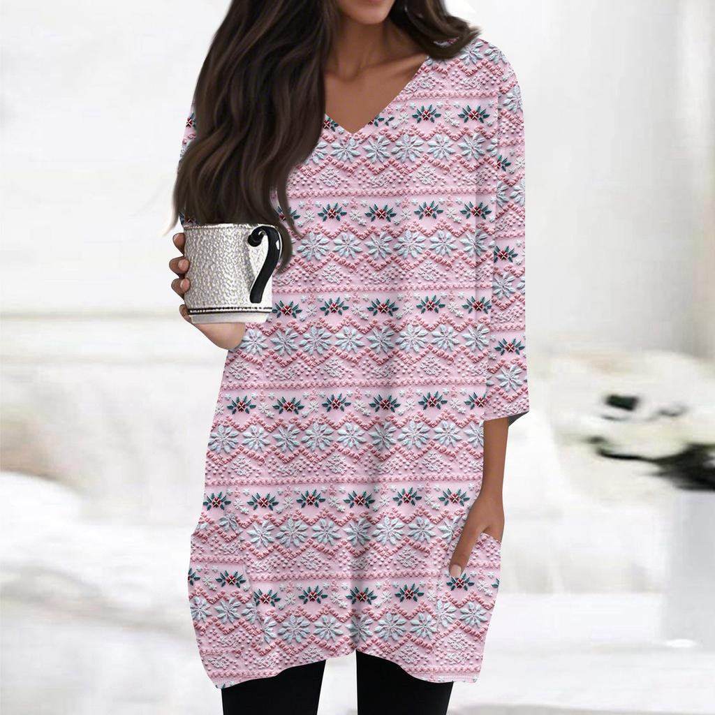 Женские топы с V-образным вырезом и рукавом 3/4, повседневные блузки средней длины, модные туники с рождественским принтом и карманами