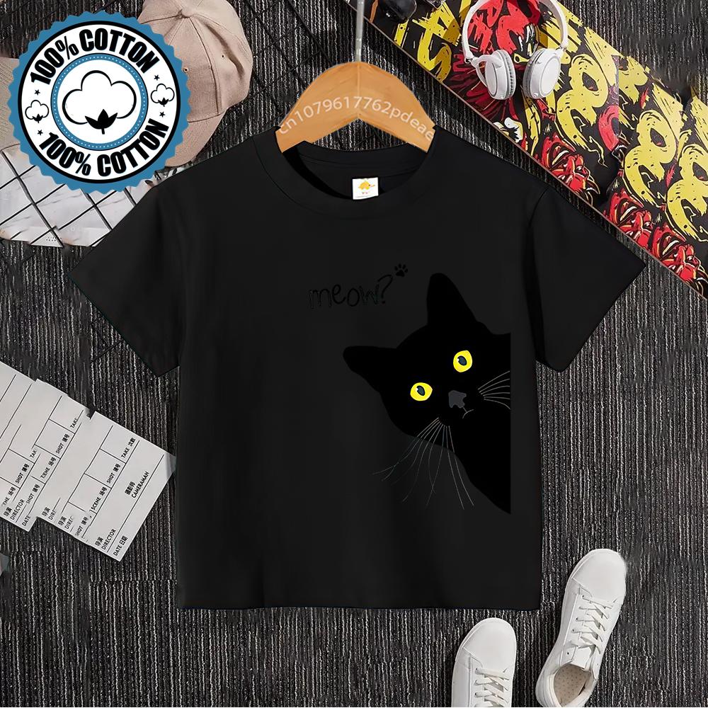 Летняя детская хлопковая футболка с изображением черного кота для мальчиков и девочек, повседневный молодежный пиджак с короткими рукавами, футболка из 100% хлопка