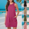 Женское платье без рукавов, летнее повседневное мини-платье с карманами, свободное пляжное платье с круглым вырезом для отдыха
