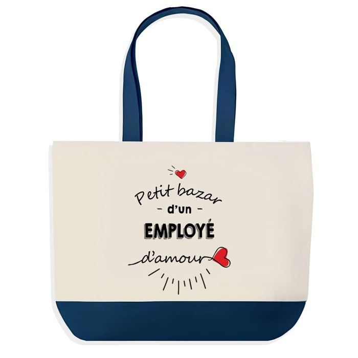 Tote bag - PLANETEE - Sac shopping fond bleu Bazar d'un Employé d'amour - Coton - 40x45 cm - Fabriqué en France