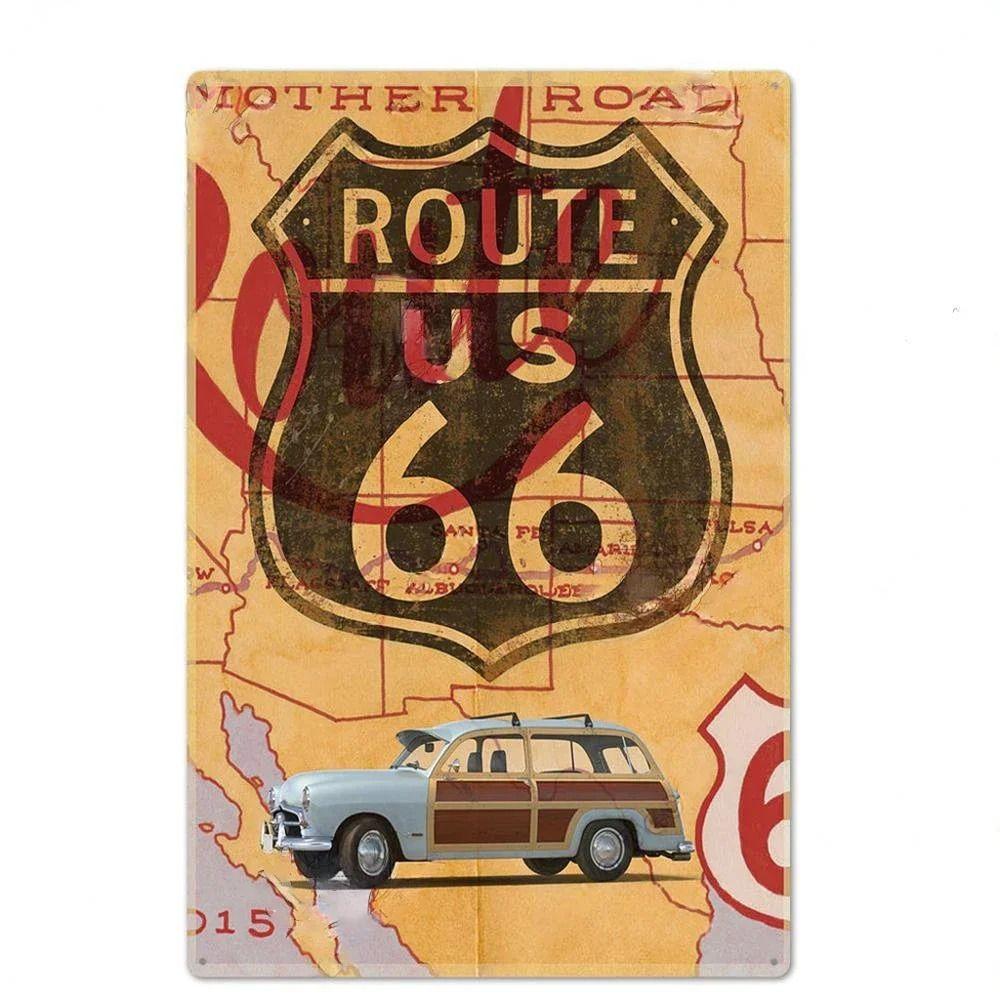 Сувенирная номерная табличка Route 66, Американский металлический знак для авто 20x30см