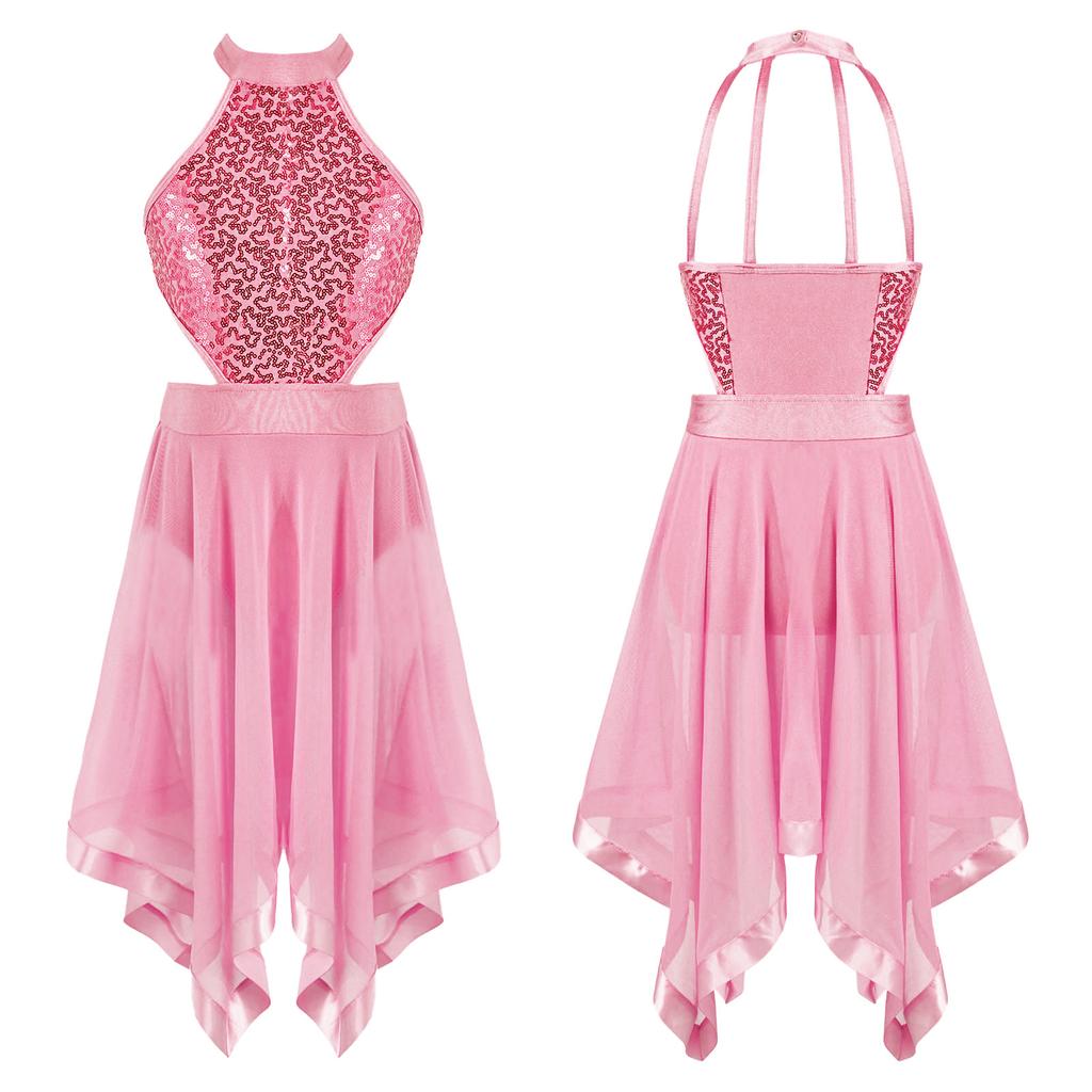 Детское платье для девочек, танцевальный костюм, вуаль, нерегулярный подол, платье-трико без рукавов и с открытой спиной