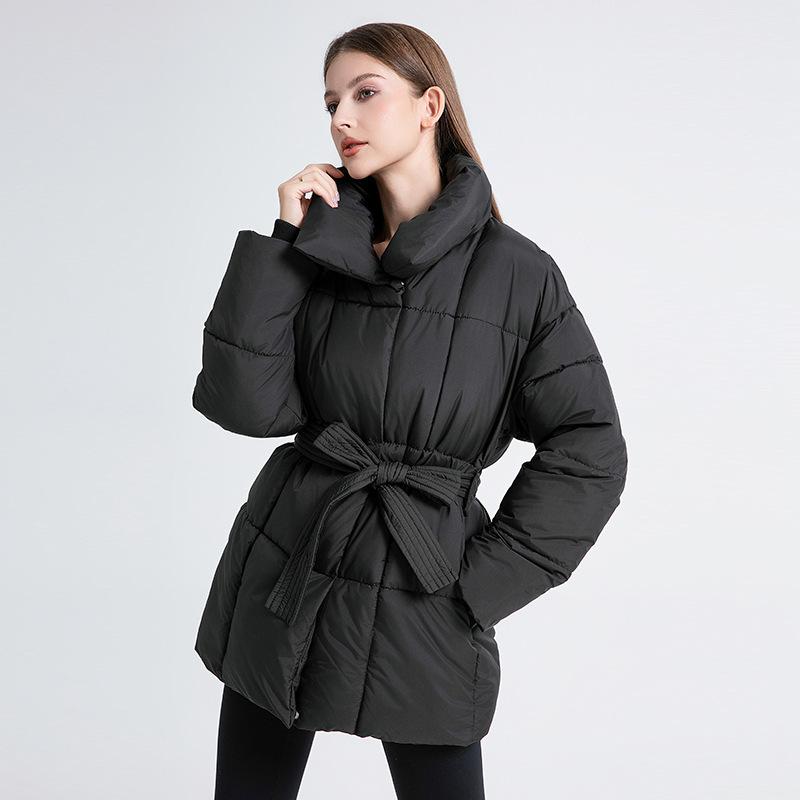 Winter New Cotton-padded Clothes, Stand-up Collar Belt, Thin Women's Loose and Versatile Cotton-padded Jacket