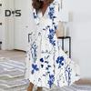 Women Elegant Floral Print Maxi Dress V Neck Long Sleeve High Waist Gown Dress A Line Long Dress Streetwear