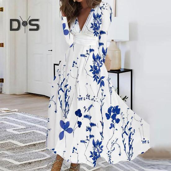 Women Elegant Floral Print Maxi Dress V Neck Long Sleeve High Waist Gown Dress A Line Long Dress Streetwear